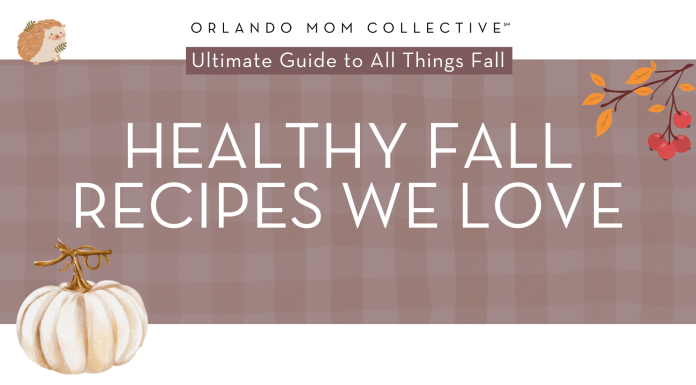 Healthy Fall Recipes tan and brown gingham background with cream pumpkin, hedgehog and branch with orange and red leaves on it with 'healthy fall recipes we love' in the middle