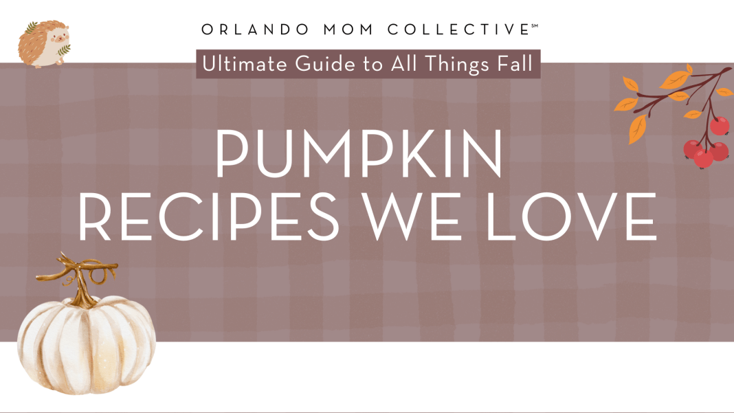 pumpkin recipes we love tan and brown gingham background with cream pumpkin, hedgehog and branch with orange and red leaves on it with 'pumpkin recipes we love' in the middle