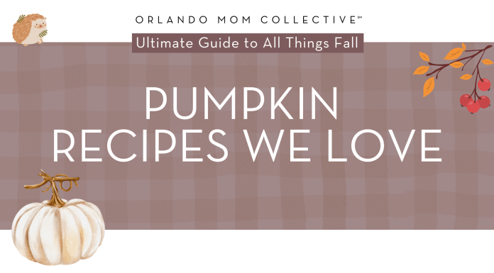 5 Pumpkin Recipes We Love tan and brown gingham background with cream pumpkin, hedgehog and branch with orange and red leaves on it with 'pumpkin recipes we love' in the middle