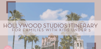 Hollywood Studios Itinerary for Families with Kids under 5 Mckenzie sobieski via unsplash photo of the Hollywood Tower Hotel at the end of a street lined with palm trees with 'Hollywood studios itinerary for families with kids under 5' over top
