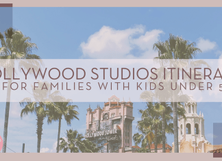 Mckenzie sobieski via unsplash photo of the Hollywood Tower Hotel at the end of a street lined with palm trees with 'Hollywood studios itinerary for families with kids under 5' over top