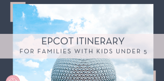 EPCOT Itinerary for Families with Kids under 5 park troopers via unsplash picture of spaceship earth and sunny sky with text 'Epcot itinerary for families with kids under 5' over