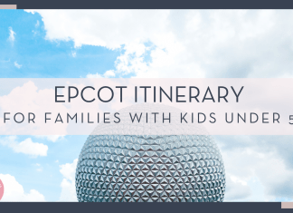 park troopers via unsplash picture of spaceship earth and sunny sky with text 'Epcot itinerary for families with kids under 5' over