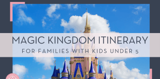 Magic Kingdom Itinerary for Families with Kids under 5 Brian mcgowan via unsplash photo of Cinderella Castle with blue sky behind with 'magic kingdom itinerary for families with kids under 5' in text over top of image