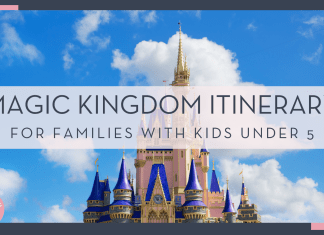 Brian mcgowan via unsplash photo of Cinderella Castle with blue sky behind with 'magic kingdom itinerary for families with kids under 5' in text over top of image