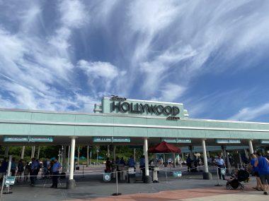 Entrance of Hollywood Studios with blue sky behind