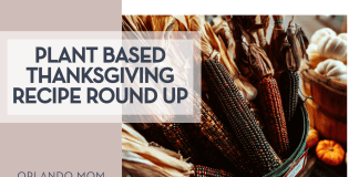 Plant Based Thanksgiving Recipe Round Up Meritt Thomas via unsplash dried ears of corn in a basket with garlic and little pumpkins behind with 'Plant Based Thanksgiving Recipe Round Up' on the left