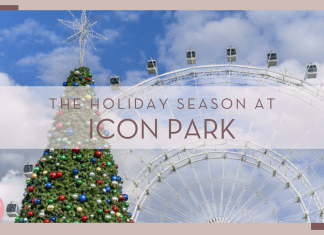 Christmas tree with Ferris wheel behind and blue sky with clouds with 'the holiday season at icon park' in text on top of photo