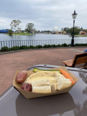 Cheese Fondue in a Bread Bowl with steamed baby vegetables and marbled potatoes