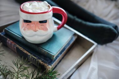 Books to get you into the Christmas Spirit Drew Coffman via Unsplash Santa mug with marshmallows coming out the top on a stack of books