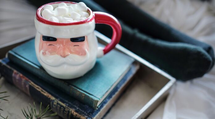 5 Books to Get You into the Christmas Spirit Drew Coffman via Unsplash Santa mug with marshmallows coming out the top on a stack of books