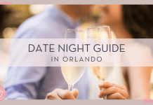 Joshua chun via unsplash image of a blurry couple in the background with champagne glasses in foreground with 'date night guide in orlando' in text over top of photo