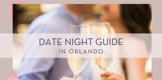 Joshua chun via unsplash image of a blurry couple in the background with champagne glasses in foreground with 'date night guide in orlando' in text over top of photo