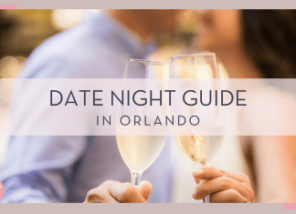 Joshua chun via unsplash image of a blurry couple in the background with champagne glasses in foreground with 'date night guide in orlando' in text over top of photo