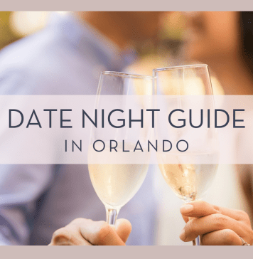 Joshua chun via unsplash image of a blurry couple in the background with champagne glasses in foreground with 'date night guide in orlando' in text over top of photo