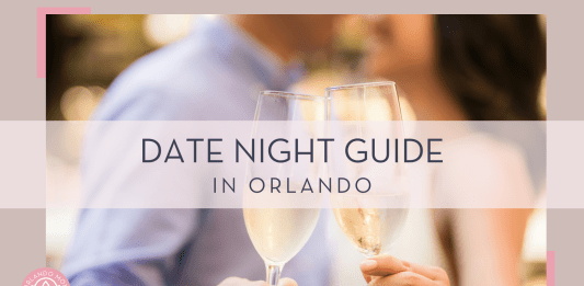 Joshua chun via unsplash image of a blurry couple in the background with champagne glasses in foreground with 'date night guide in orlando' in text over top of photo