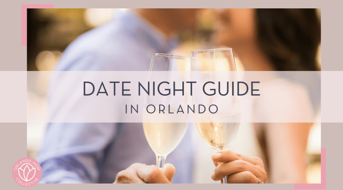 Joshua chun via unsplash image of a blurry couple in the background with champagne glasses in foreground with 'date night guide in orlando' in text over top of photo