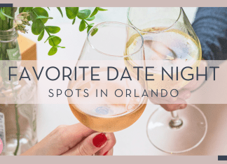 micheile henderson via unsplash image of two wine glasses cheersing with plant next to it with text ' favorite date night spots in orlando' over top of picture