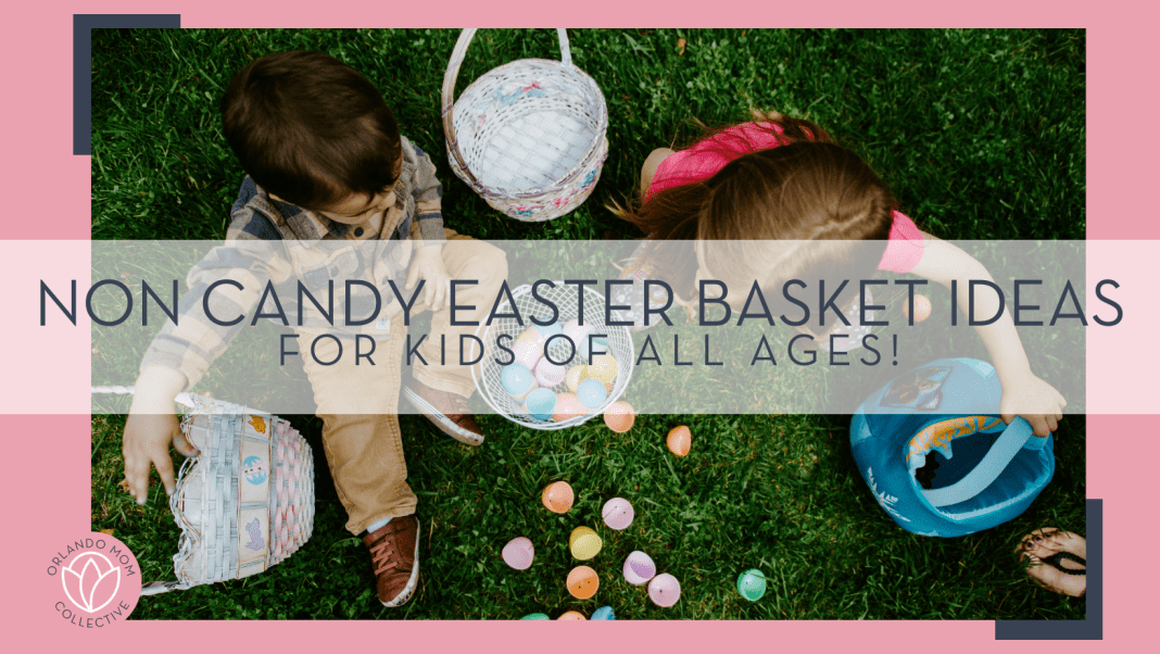gabe pierce via unsplash image of two kids with easter baskets next to them taken from above with words 'non candy Easter Basket ideas for kids of all ages!" over top