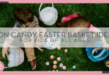 gabe pierce via unsplash image of two kids with easter baskets next to them taken from above with words 'non candy Easter Basket ideas for kids of all ages!" over top