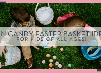 gabe pierce via unsplash image of two kids with easter baskets next to them taken from above with words 'non candy Easter Basket ideas for kids of all ages!" over top