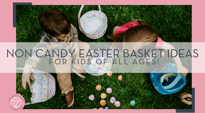 gabe pierce via unsplash image of two kids with easter baskets next to them taken from above with words 'non candy Easter Basket ideas for kids of all ages!" over top