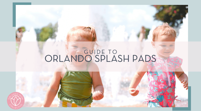 christian-bowen via unsplash photo of toddler girl in a green swim suit and toddler girl in pink and blue swim suit with water spraying behind them with words 'guide to orlando splash pads' over top