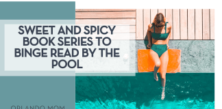 Drew Dau via Unsplash a women in a green swimsuit on an orange towel on the side of the pool from above with 'Sweet and Spicy Book Series to Binge Read by the Pool' on the left