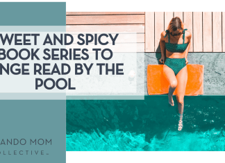 Sweet and Spicy Book Series to Binge Read by the Pool Drew Dau via Unsplash a women in a green swimsuit on an orange towel on the side of the pool from above with 'Sweet and Spicy Book Series to Binge Read by the Pool' on the left