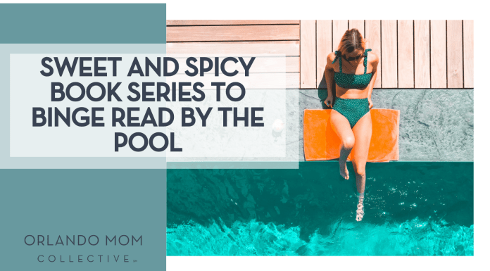 Sweet and Spicy Book Series to Binge Read by the Pool Drew Dau via Unsplash a women in a green swimsuit on an orange towel on the side of the pool from above with 'Sweet and Spicy Book Series to Binge Read by the Pool' on the left