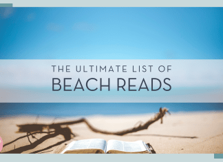 Ben White photo via Unsplash - picture of open book on the beach with large stick behind and the ocean and sky far behind. words 'the ultimate list of beach reads' overtop of image