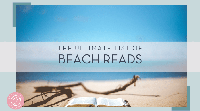 Ben White photo via Unsplash - picture of open book on the beach with large stick behind and the ocean and sky far behind. words 'the ultimate list of beach reads' overtop of image