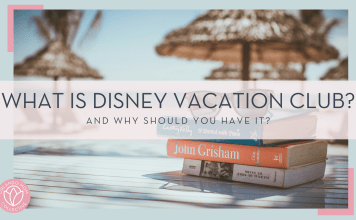 link hoang vía unsplash picture of a stack of books with glasses on top with ocean and huts behind with the words 'what is Disney Vacation club? and why should you have it?' in text in front of picture