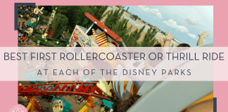 Patrick Konior via unsplash image of people riding Slinky Dog Dash from the coaster with 'best first rollercoaster or thrill ride at each of the Disney parks' in text on top