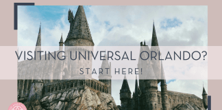 jules marvin eguilo via unsplash image of Hogwarts castle in Universal Orlando with 'visiting universal Orlando? start here!' in text in front.