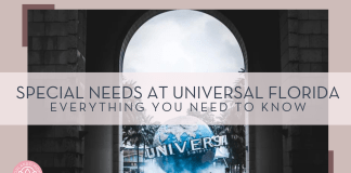 Everything to Know about Special Needs at Universal Florida photo via unsplash, no name given. photo through arched walkway of universal globe with water spraying it and people walking by with text 'special needs at universal florida everything you need to know' on top of the picture