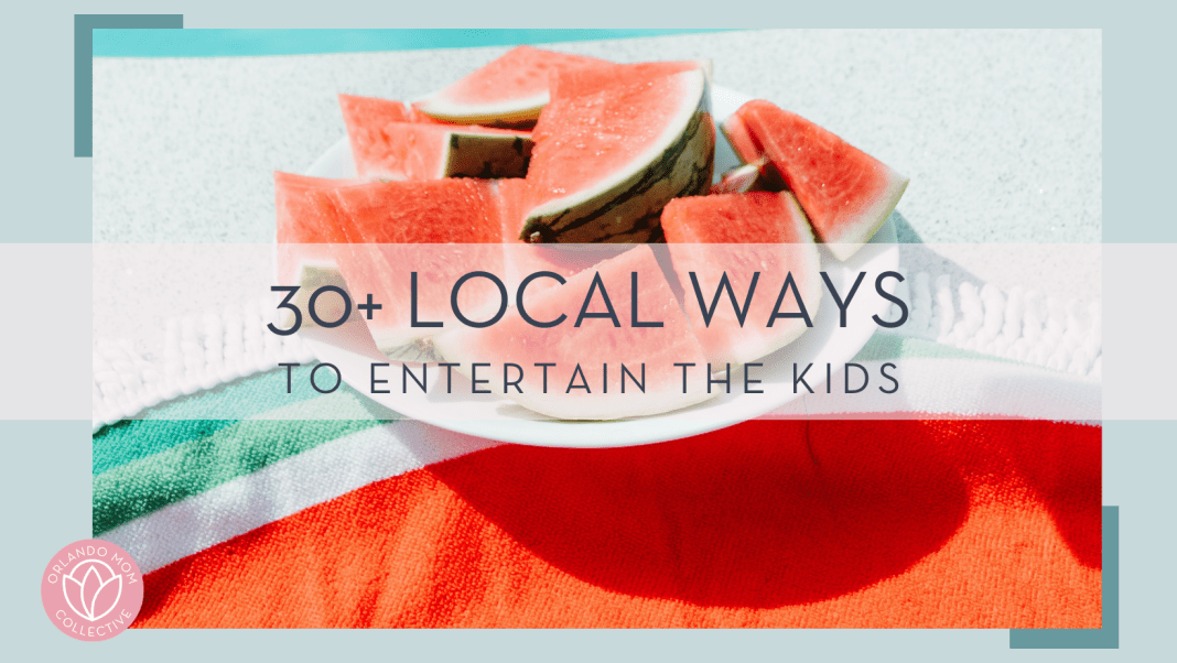 kenta kikuchi via unsplash photo of watermelon slice on plate by the pool with words ' 30+ local ways to entertain the kids'