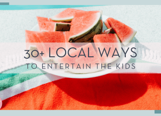 kenta kikuchi via unsplash photo of watermelon slice on plate by the pool with words ' 30+ local ways to entertain the kids'