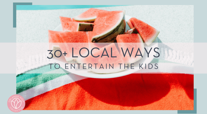 kenta kikuchi via unsplash photo of watermelon slice on plate by the pool with words ' 30+ local ways to entertain the kids'