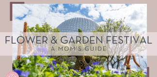 greg c via unsplash photo of mickey topiary in front of spaceship earth with 'flower & garden festival a mom's guide' in text over top