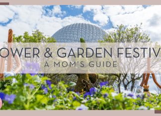 greg c via unsplash photo of mickey topiary in front of spaceship earth with 'flower & garden festival a mom's guide' in text over top