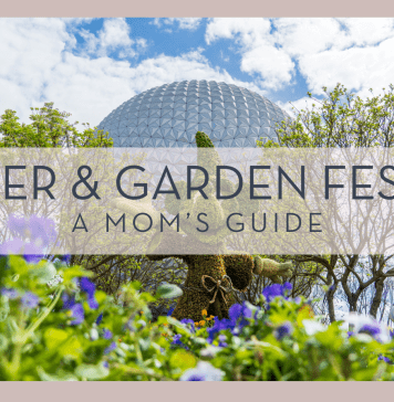 greg c via unsplash photo of mickey topiary in front of spaceship earth with 'flower & garden festival a mom's guide' in text over top