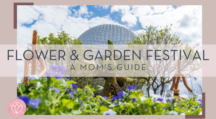 greg c via unsplash photo of mickey topiary in front of spaceship earth with 'flower & garden festival a mom's guide' in text over top