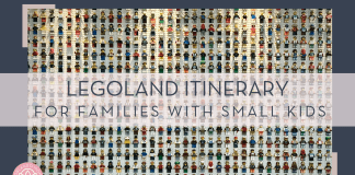 James Qualtrough via unsplash image of lego men in rows with 'Legoland itinerary for families with small kids' in text in front