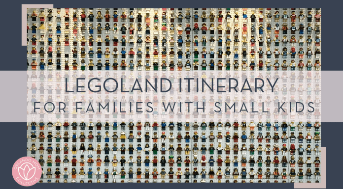 James Qualtrough via unsplash image of lego men in rows with 'Legoland itinerary for families with small kids' in text in front