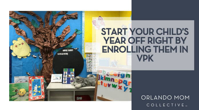 Monica Sedra via Unsplash preschool classroom wall with paper tree and sun with 'Start Your Child’s Year Off Right by Enrolling them in VPK' on the right