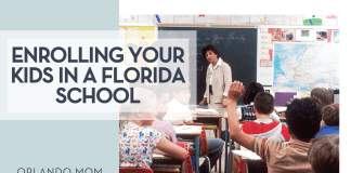 National Cancer Institute via Unsplash woman facing a classroom full of students with words 'Enrolling Your Kids in a Florida School' on the left