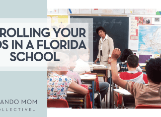 National Cancer Institute via Unsplash woman facing a classroom full of students with words 'Enrolling Your Kids in a Florida School' on the left