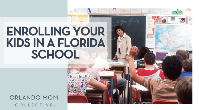 National Cancer Institute via Unsplash woman facing a classroom full of students with words 'Enrolling Your Kids in a Florida School' on the left