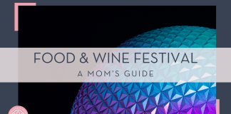 brian mcgowan via unsplash picture of spaceship earth against black sky lit up in purple and blue with 'food & wine festival a mom's guide' in text over top